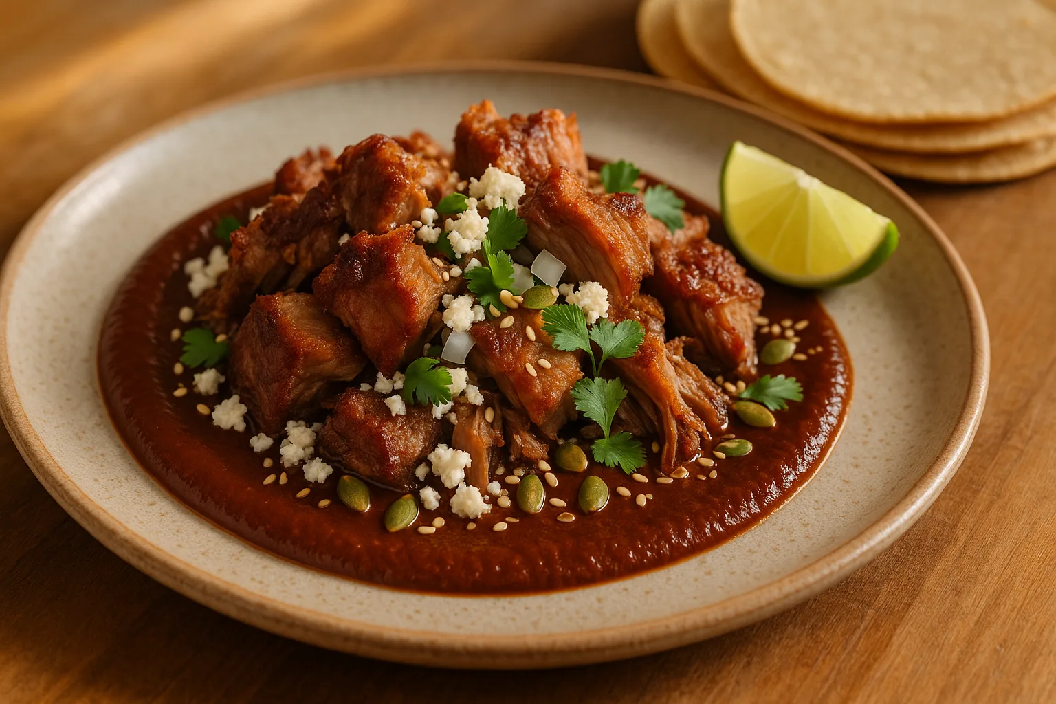Plated version: pitiona mole smeared on a plate with chunky crispy carnitas, queso fresco, onion, and cilantro