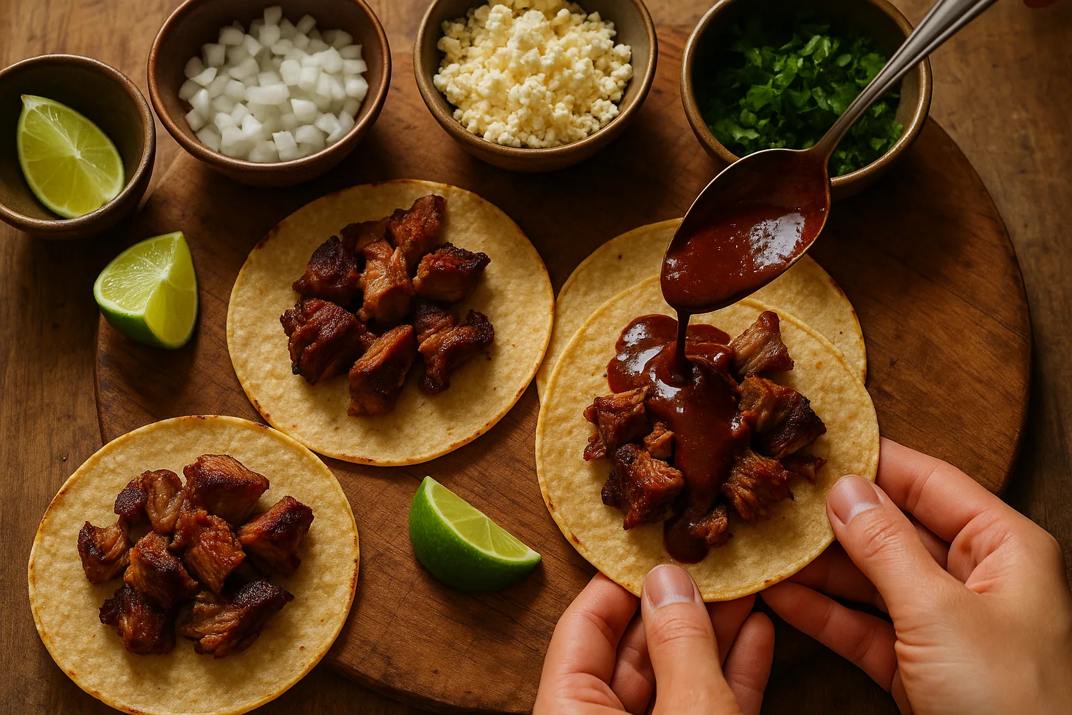 Assembling tacos: chunky-crisp carnitas and pitiona mole on warm corn tortillas with onion, queso fresco, cilantro, and lime