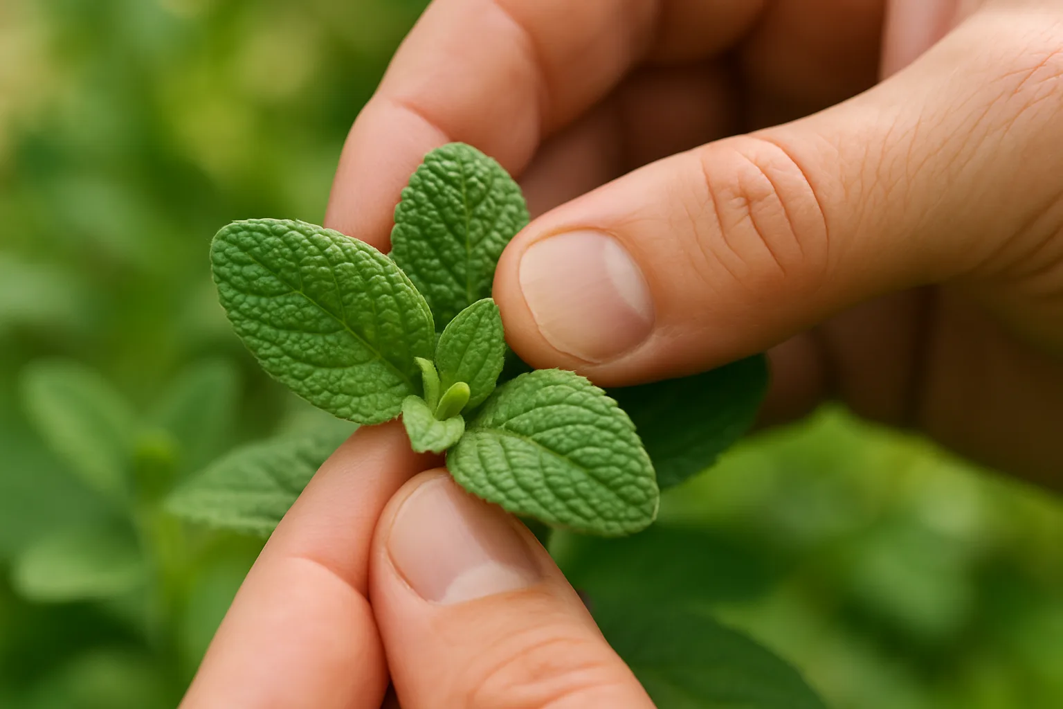 Fresh pitiona leaves, crushed to release their citrus-mint aroma